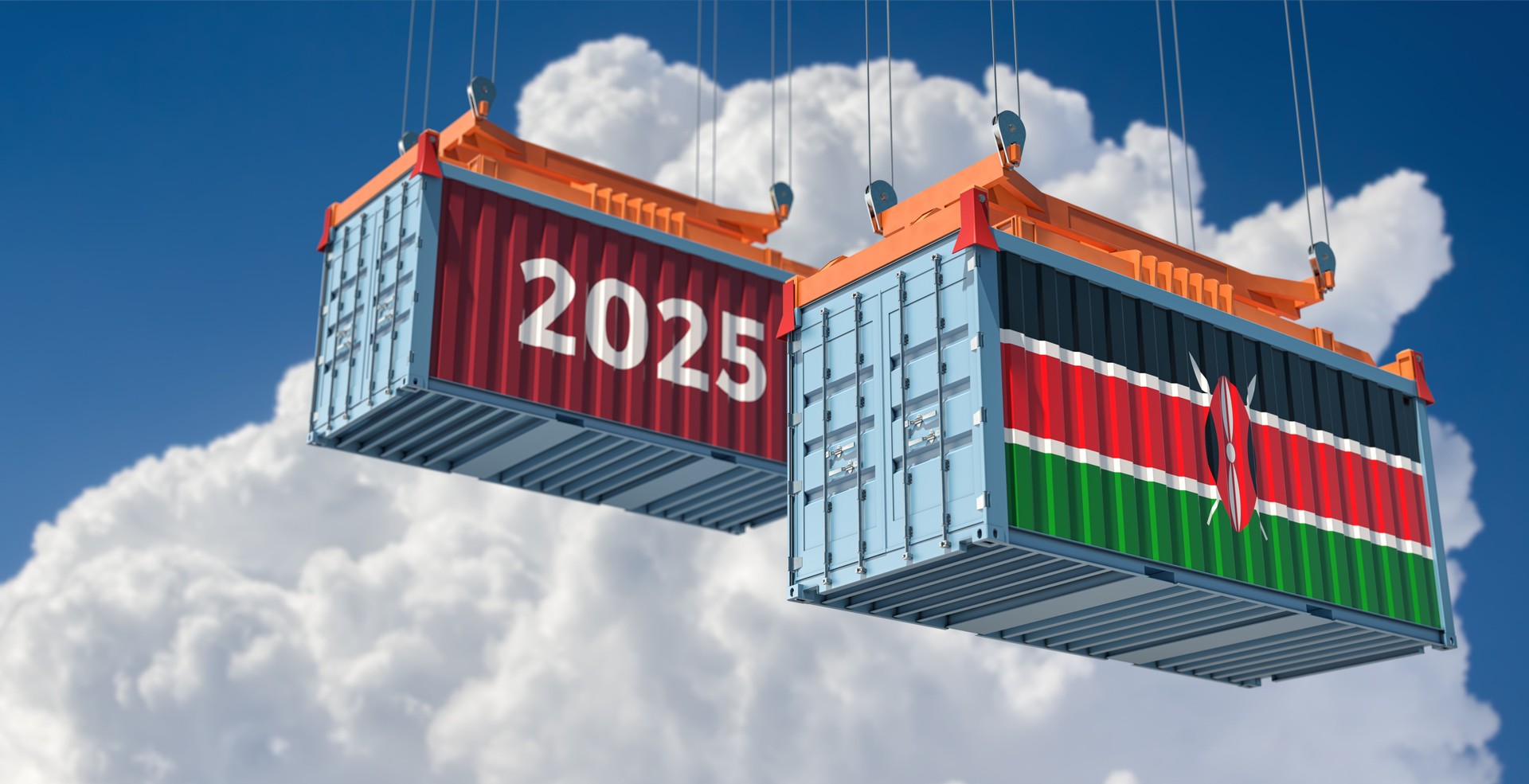 Trading 2025. Freight container with Kenya national flag. 3D Rendering